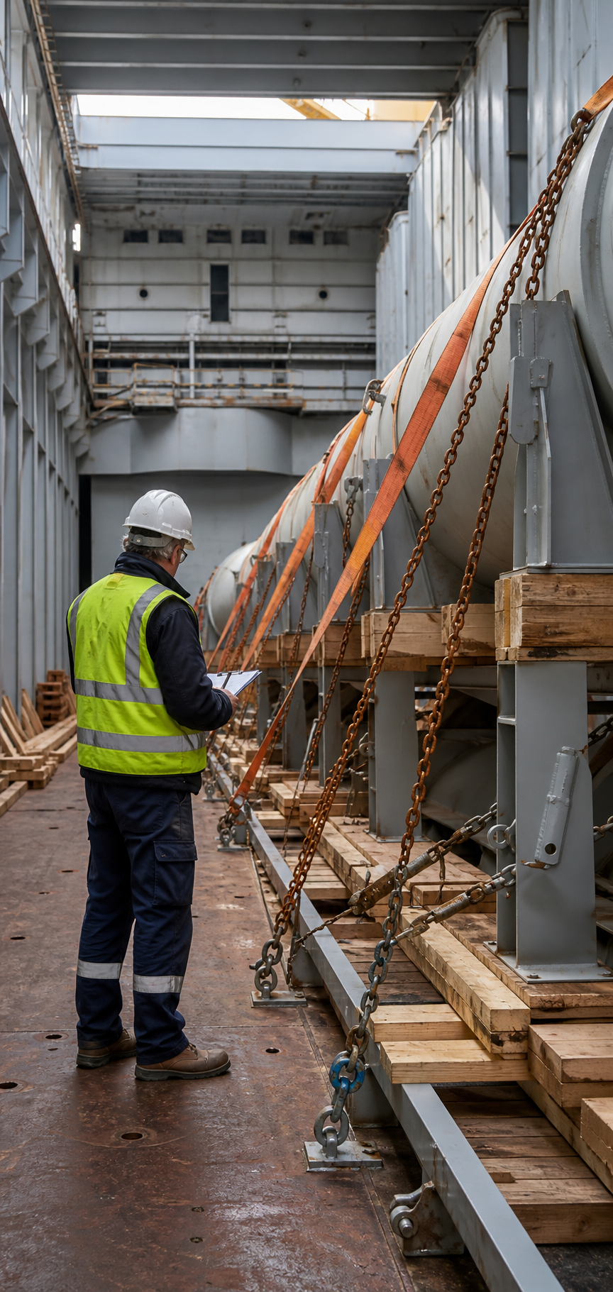 Marine surveyor inspecting secured project cargo inside a vessel hold