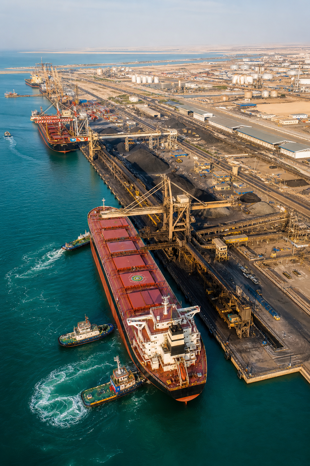 Integrated bulk carrier and tug operations at a modern UAE commercial port