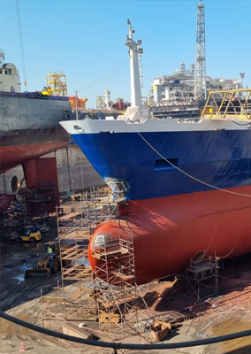 Vessel in dry dock during hull inspection